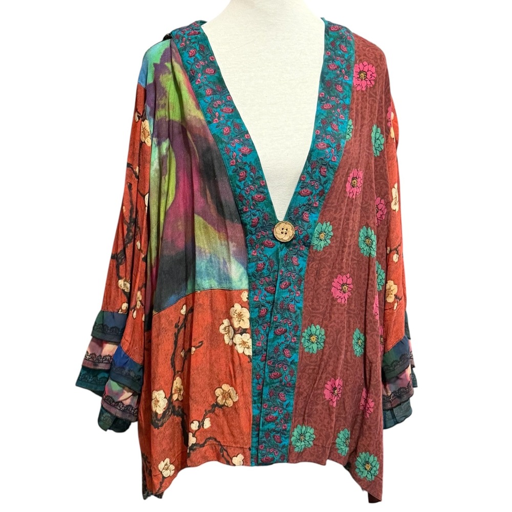 John Mark Womens 3X Patchwork Floral Kimono Cardigan Embroidered Lace Sleeve 315